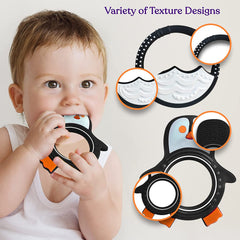 Penguin Teether – Fun and Cute Penguin Soothing Teether – Soft Silicone Teethers for Babies with Textured Design for Soothing and Gum Massage – Waterproof Teething Toys for Babies 0-6 Months Black & White