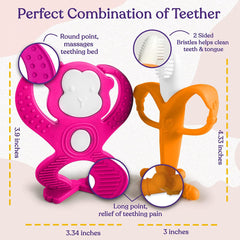 Baby Teething Toys Set - Baby Monkey Banana Teether and Toothbrush - Safe and Durable Teething Set - Teething Banana Toy for Babies - Teething Toys with Various Textures and Educational Design Pink & Orange